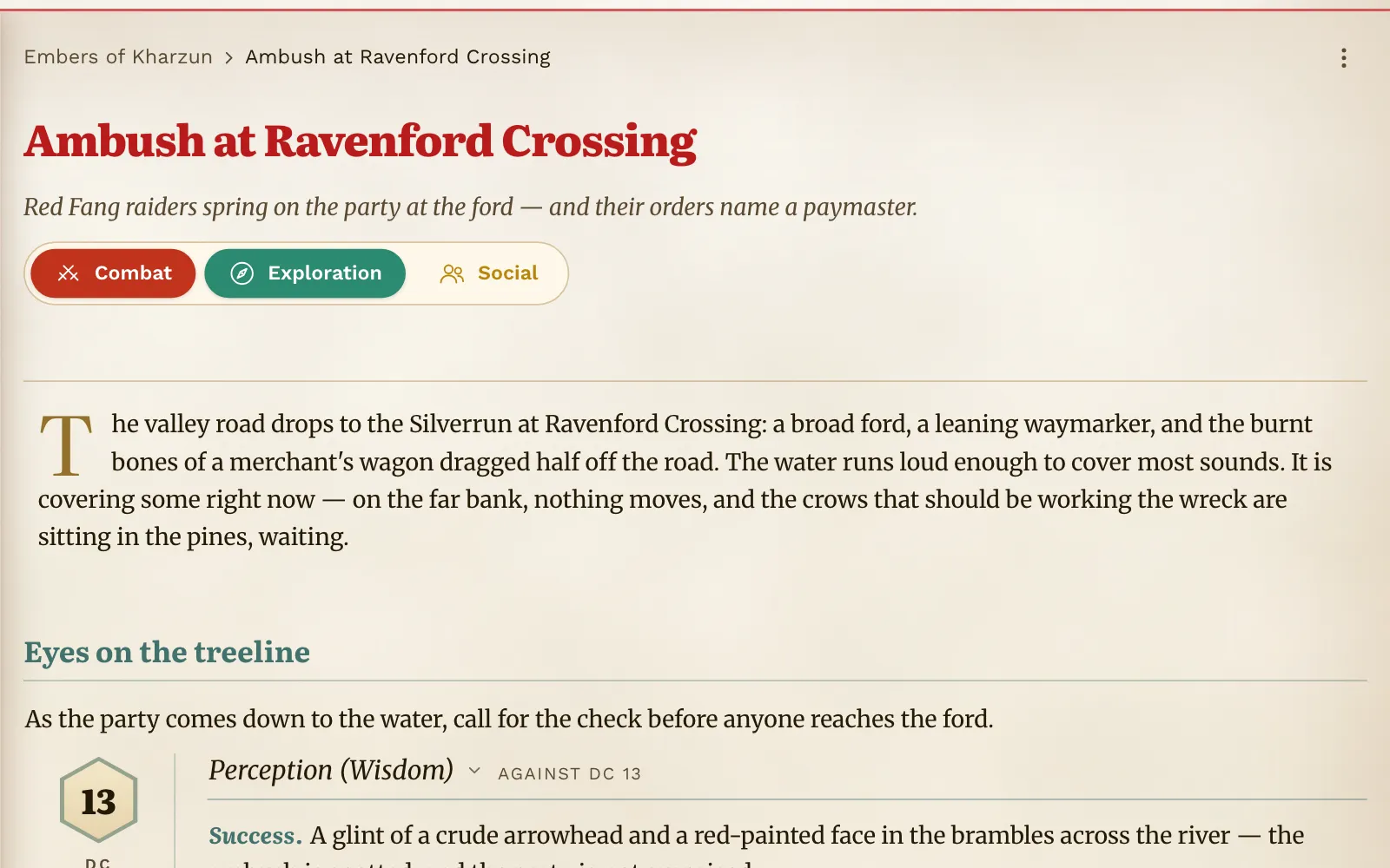 An encounter open in the editor: kind pills, boxed read-aloud text, then a skill check with its DC and both outcomes.