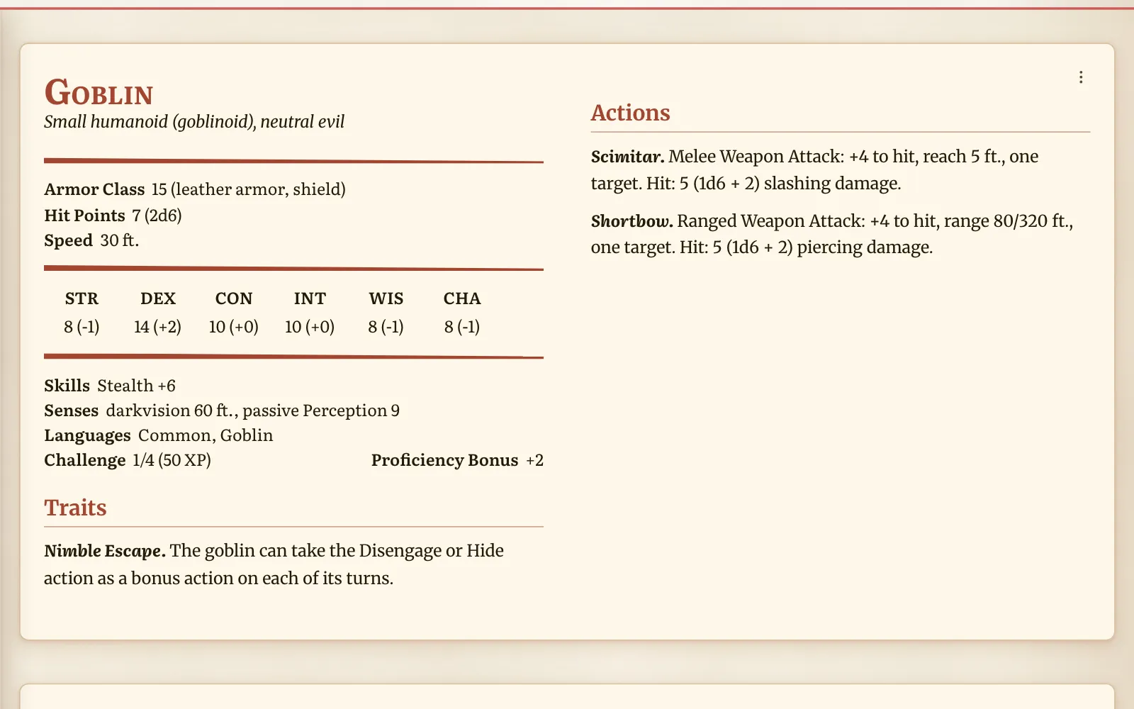 An SRD creature imported into an encounter, printed as a full stat block with ability scores, traits and actions.
